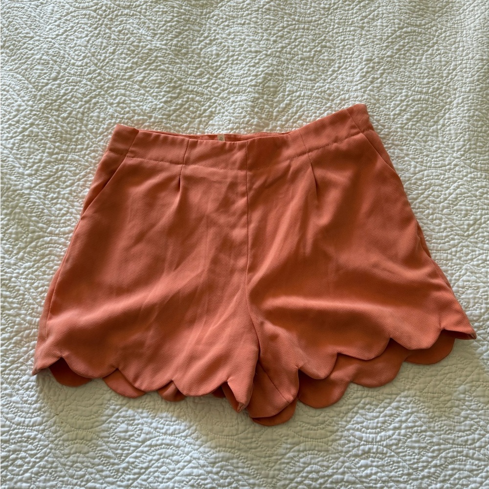 Mittoshop High Waist Scalloped Hem Shorts in Coral